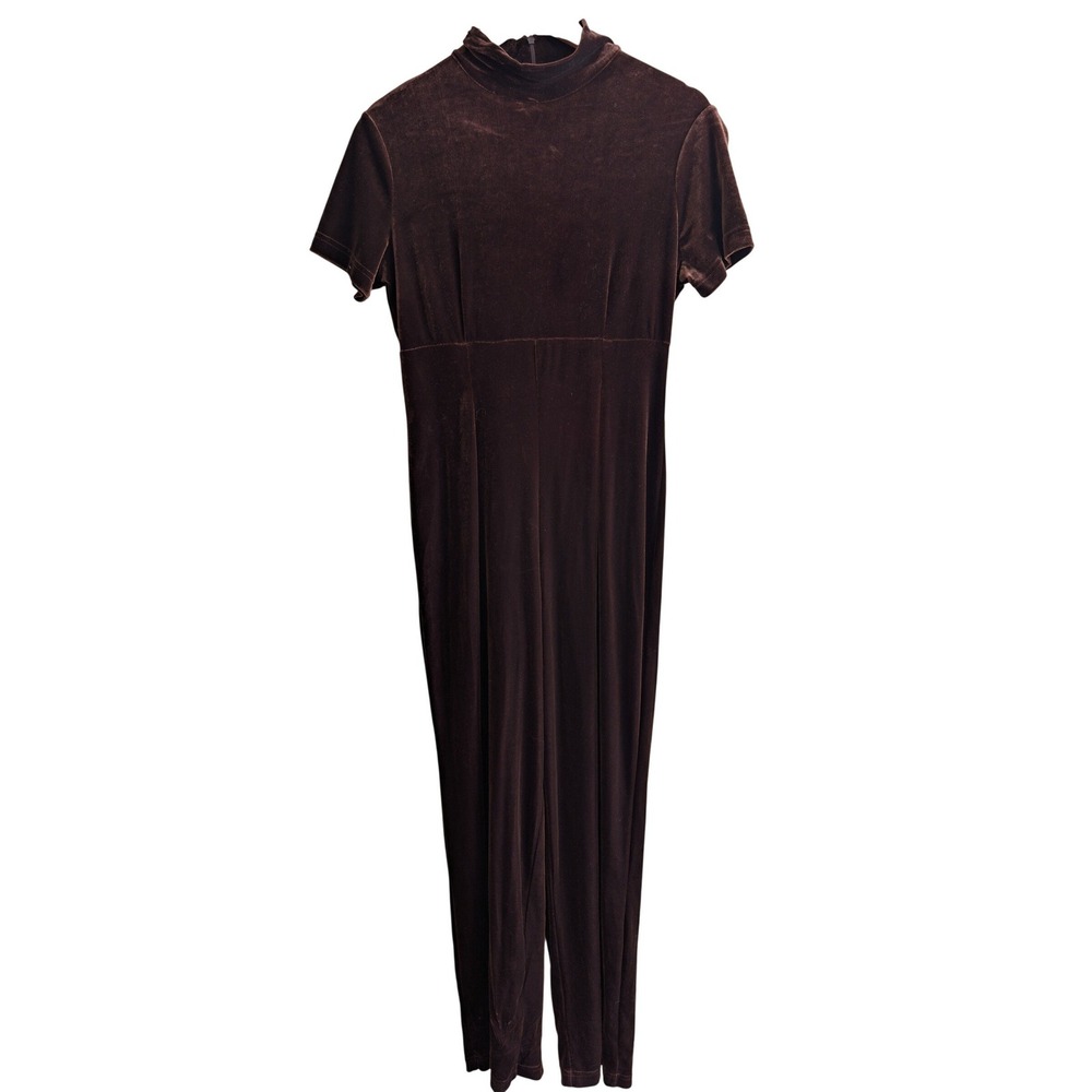 Vintage Maggy London Mock Neck Velvet Jumpsuit Womens Sz M Brown Deadstock 80s